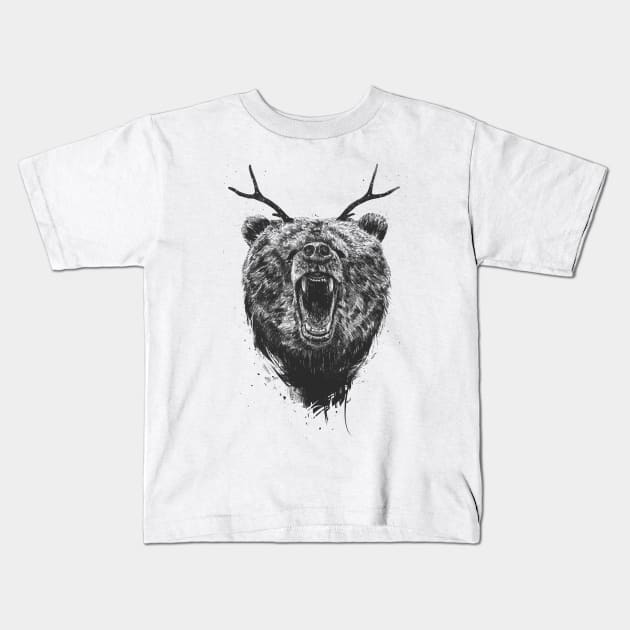 Angry bear with antlers Kids T-Shirt by soltib